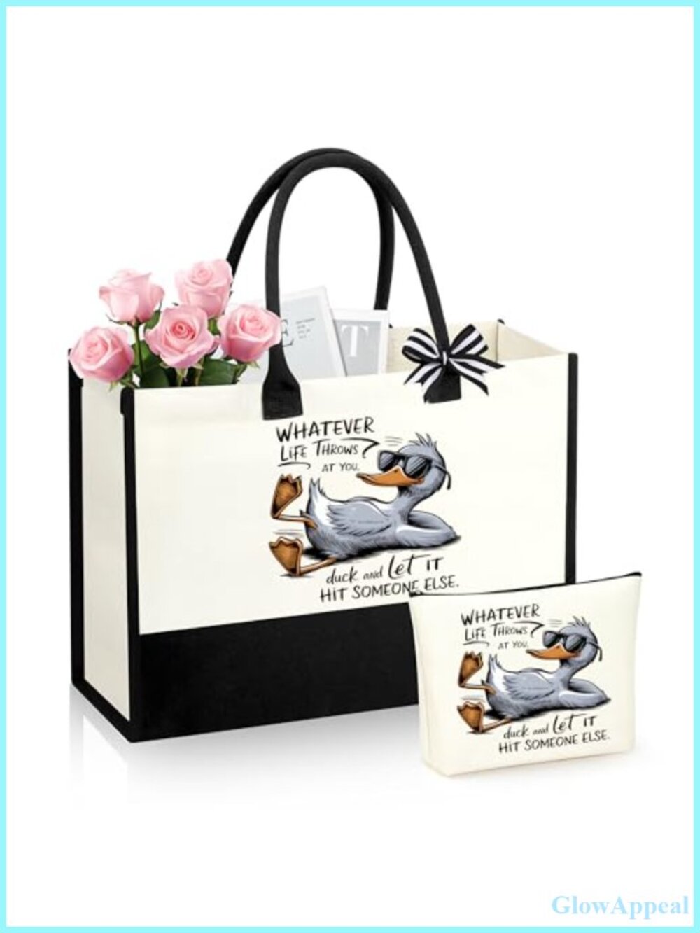 Canvas Tote Bag Set Duck Print Makeup Bag Gift for Women Hand Wash Reusable